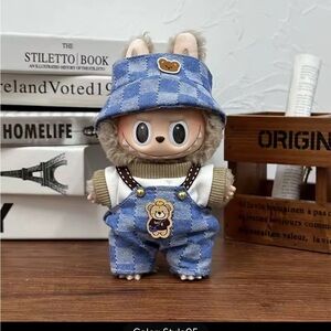 Labubu Dressed in Blue Checkered Bear Overalls & Hat